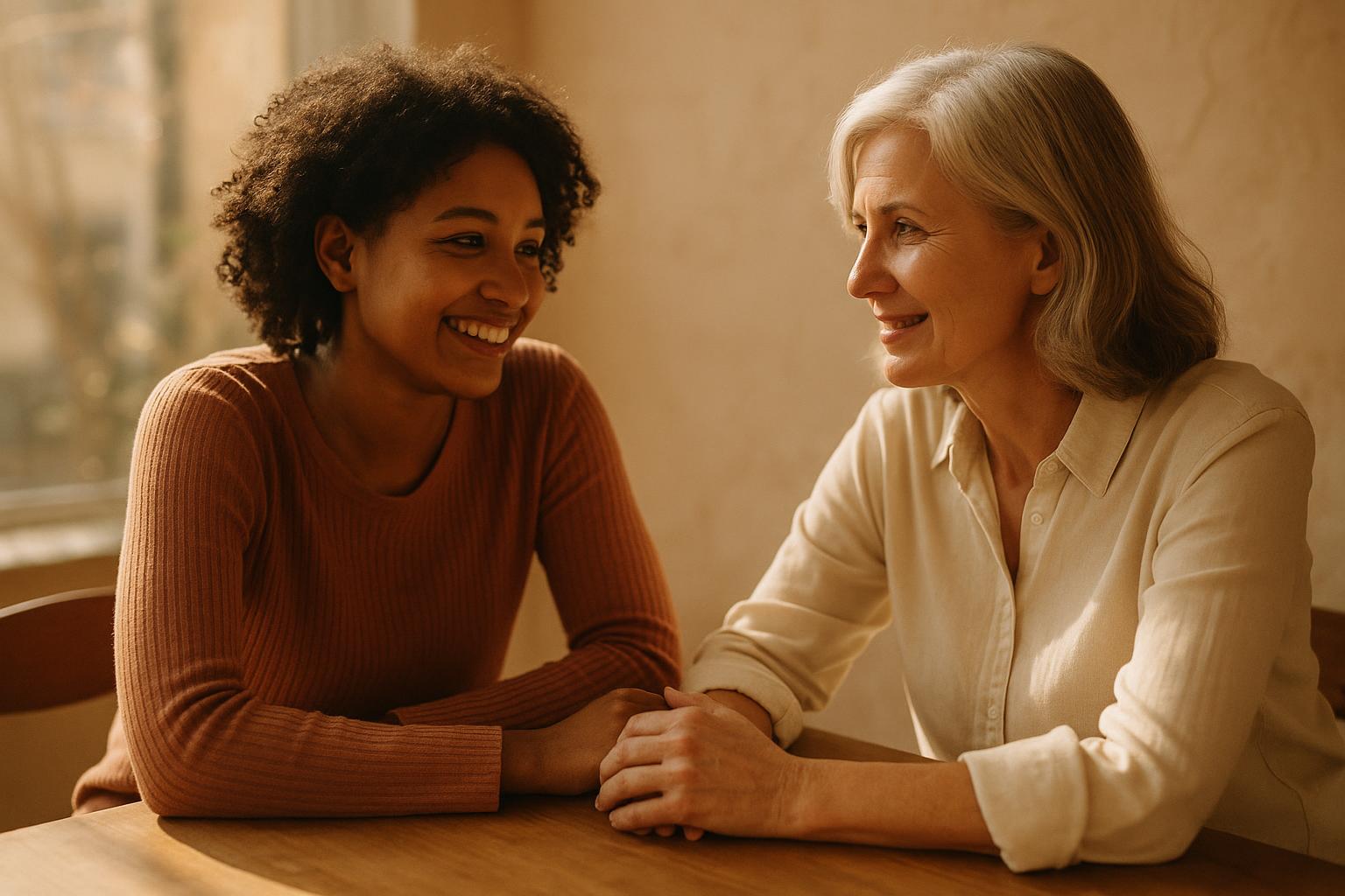 Two people in warm, genuine conversation at a sunlit table